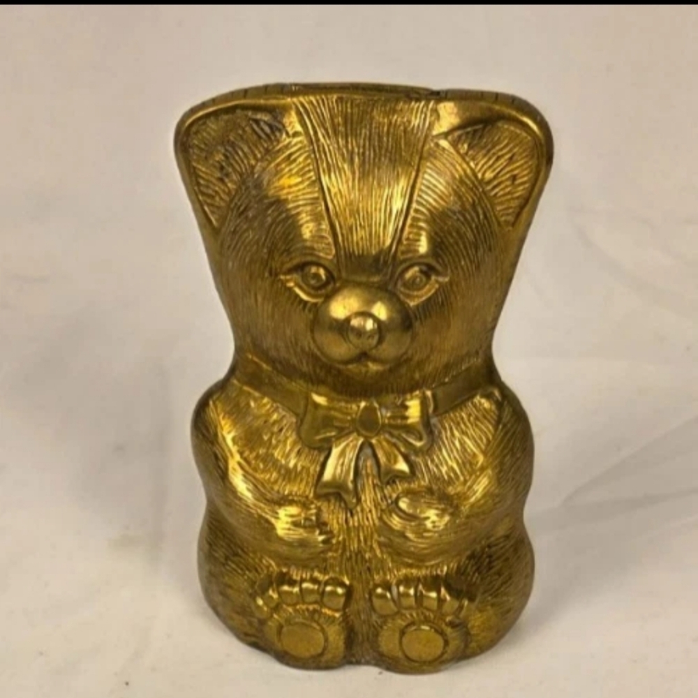 Vintage Brass Teddy Bear Coin Bank Made in India Nursery Decor